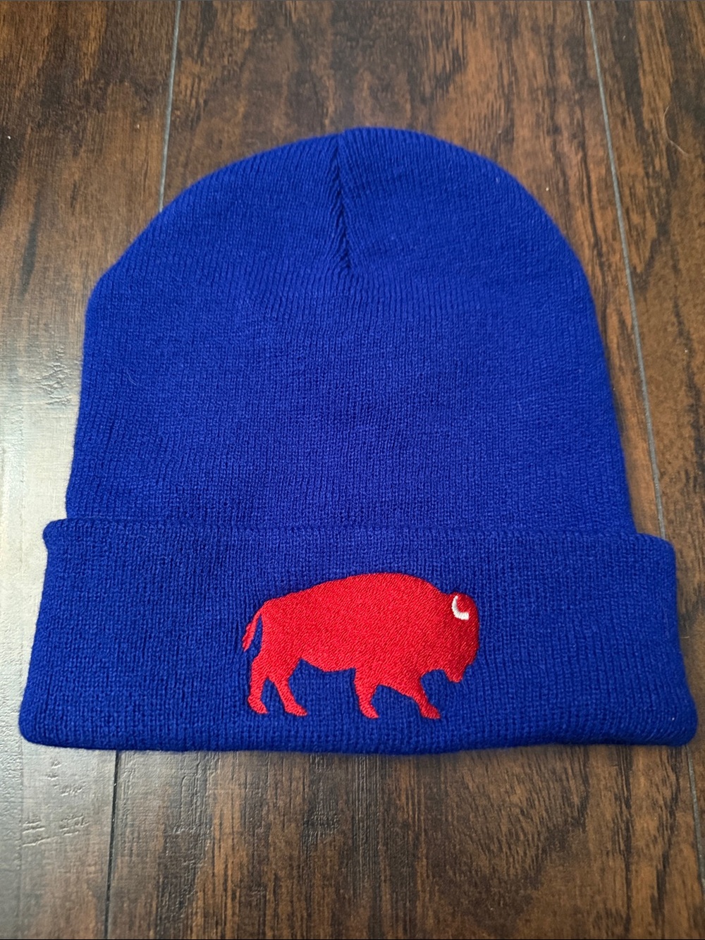 Blue Beanie with Red Buffalo Patch